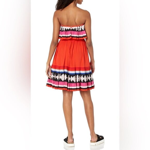 Kate Spade New York, Geo Border Printed Pleated Dress, Red Strapless, Flowy, 6 - Picture 2 of 10